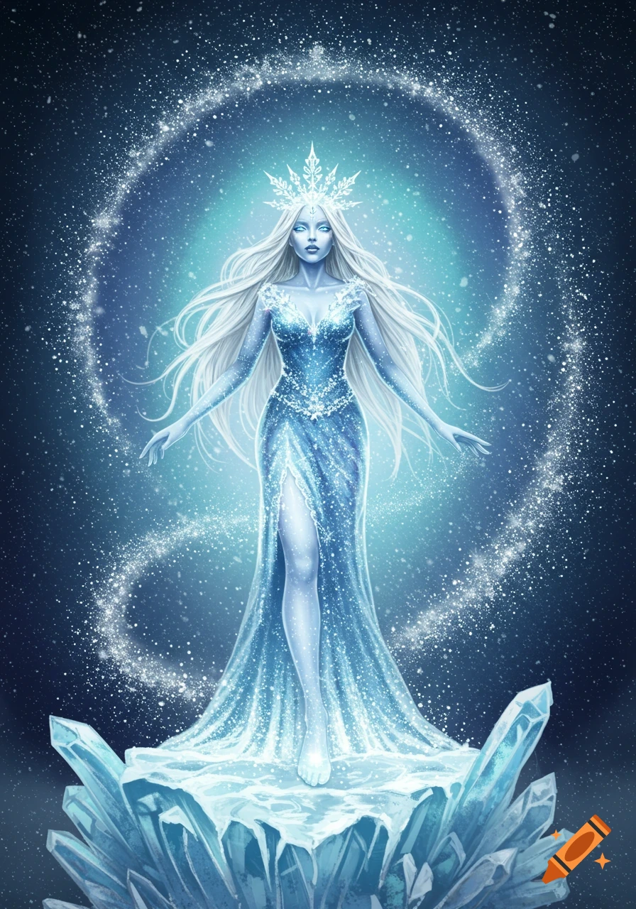 A majestic celestial snow queen with long white hair and a sparkling blue gown stands on ice crystals, surrounded by swirling stardust in a digital illustration.