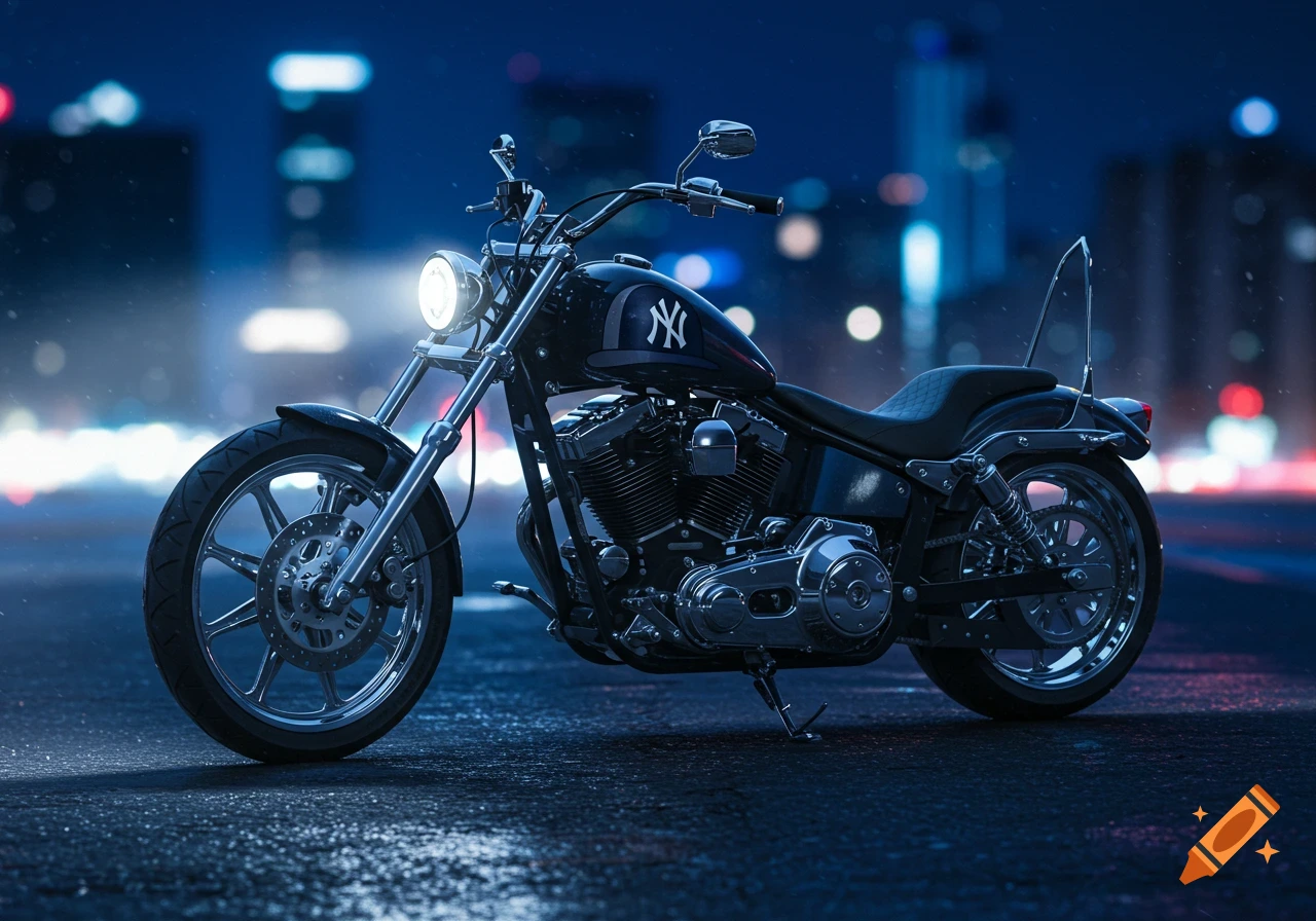 Black chopper motorcycle with a Yankees logo on the tank, parked on a wet city street at night, with blurred city lights.