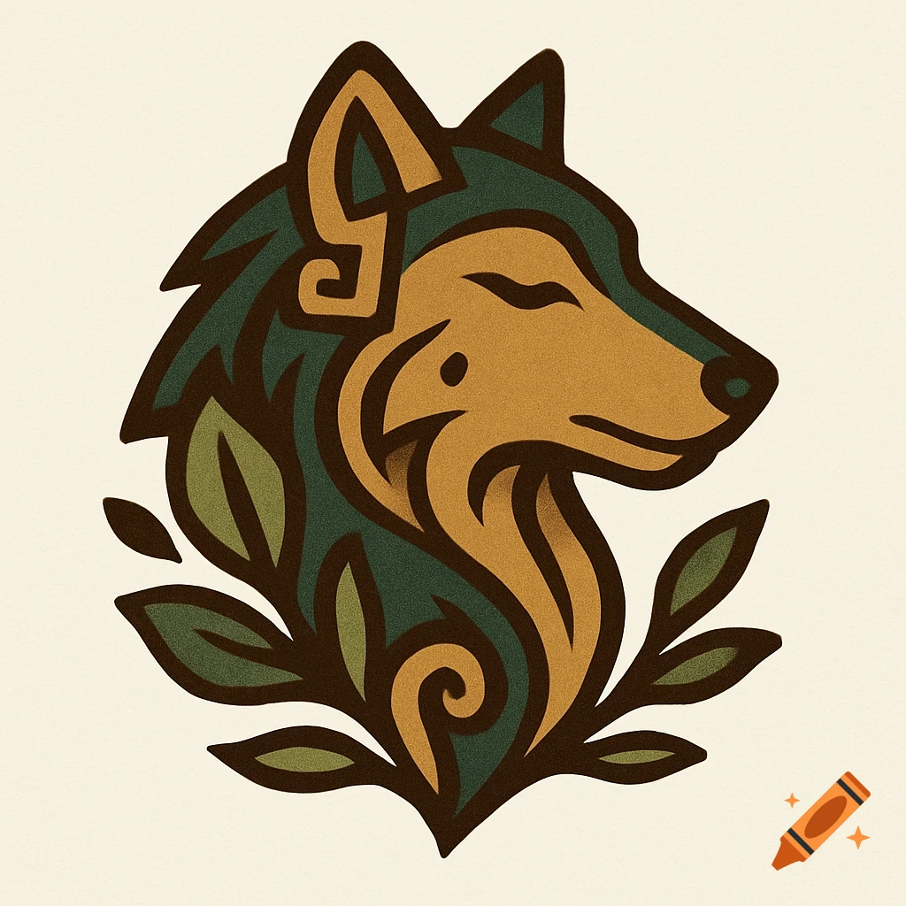 A stylized wolf head logo in profile, facing right, with closed eyes. It features earthy tones of brown and dark green, integrated with abstract leaf and swirl patterns, on a cream background.