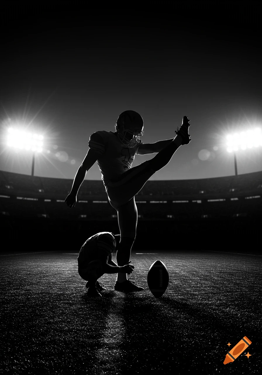 A black and white silhouette of two American football players on a field at night, one preparing to kick a field goal.