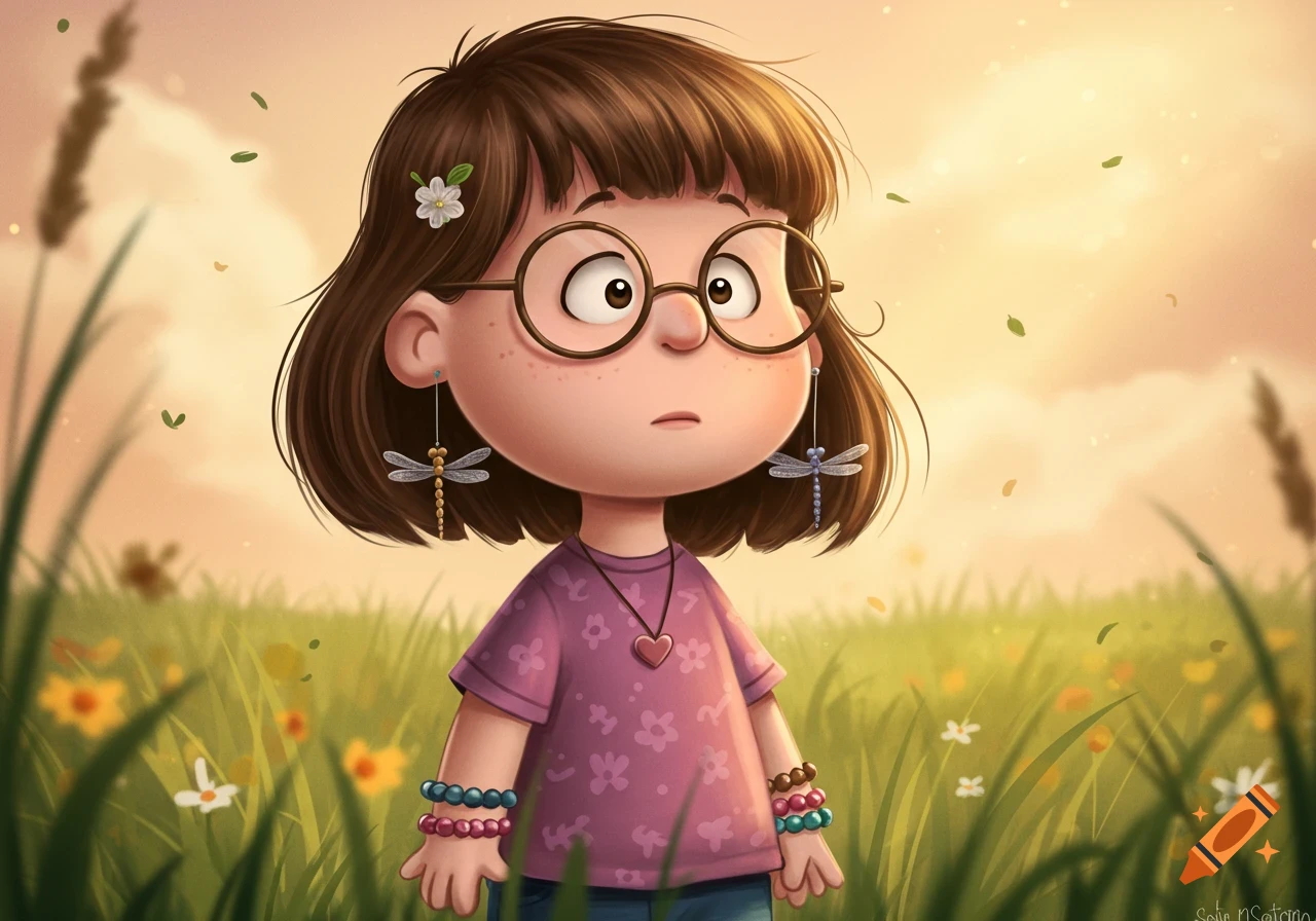 Cartoon girl with short brown hair, glasses, dragonfly earrings, a heart necklace, and many bracelets, standing in a sunny field.