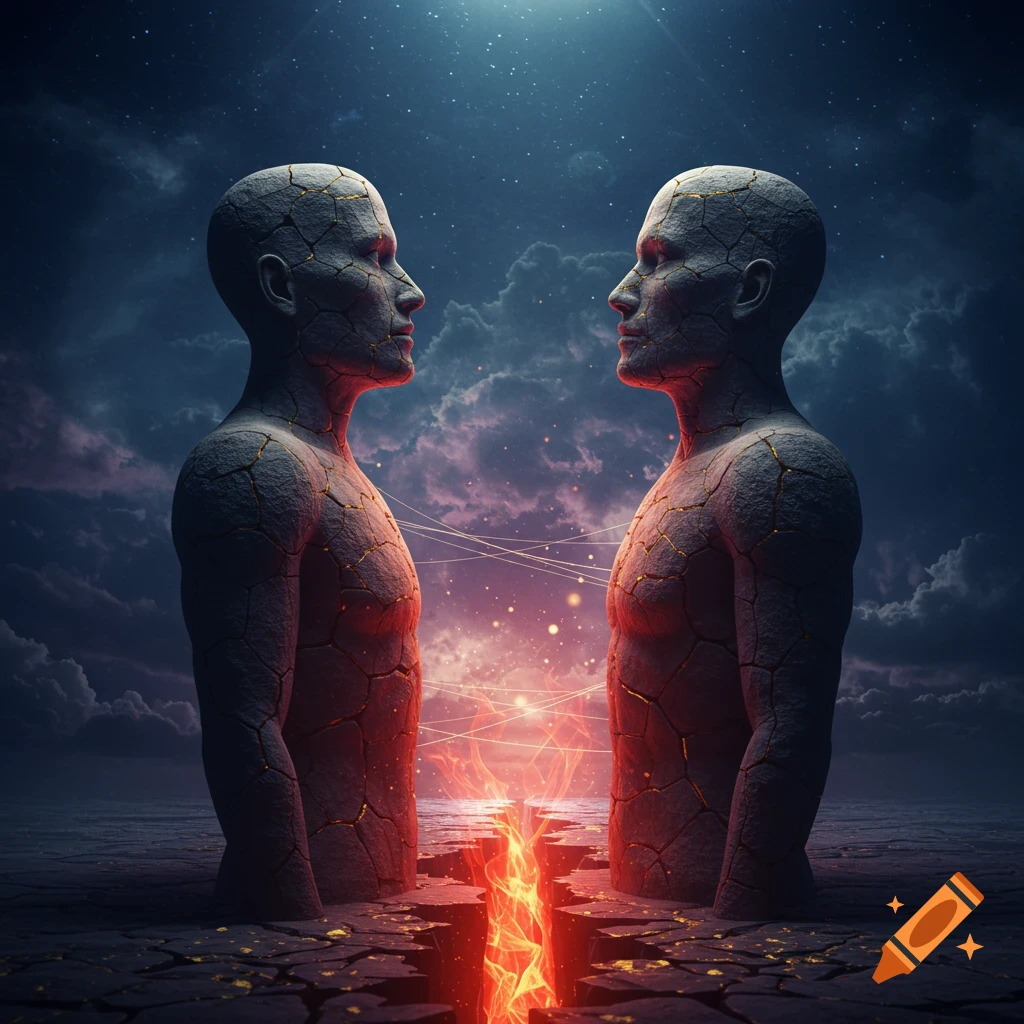 Two cracked humanoid statues face each other across a fiery chasm under a cosmic, starry sky, symbolizing separation.