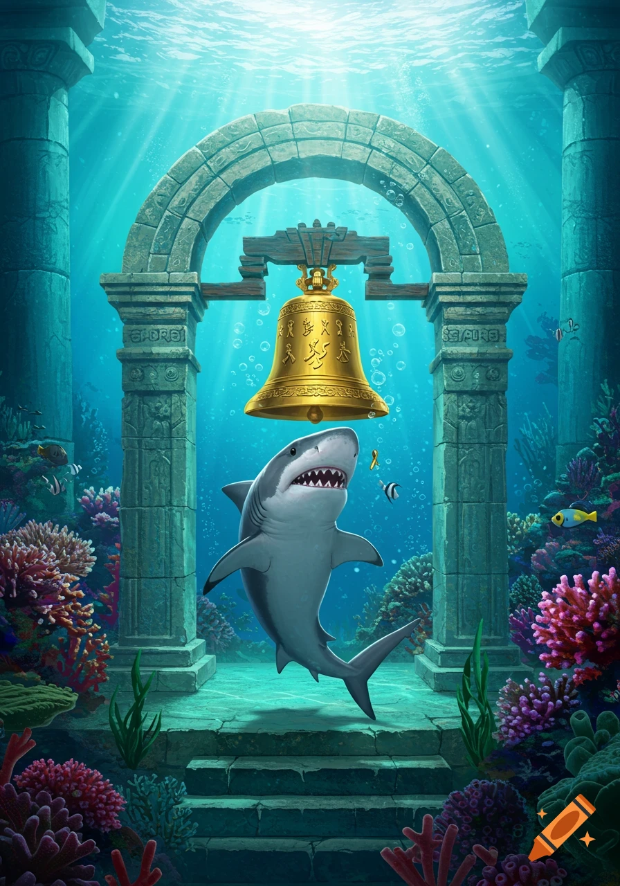 A cartoonish shark swims under an ancient stone arch with a large golden bell in a vibrant underwater ruin filled with coral and small fish.
