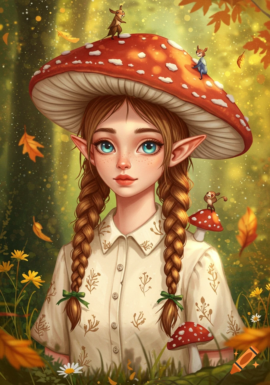 Cute elven woman with braided pigtails, a mushroom hat, and a button-up shirt in an autumn forest illustration with small animals.