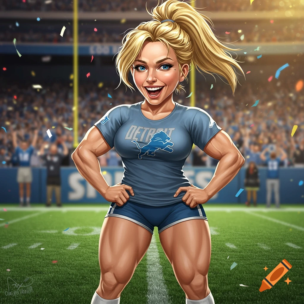 Cartoon of a muscular blonde woman in a Detroit Lions shirt and shorts, smiling in a football stadium with confetti.