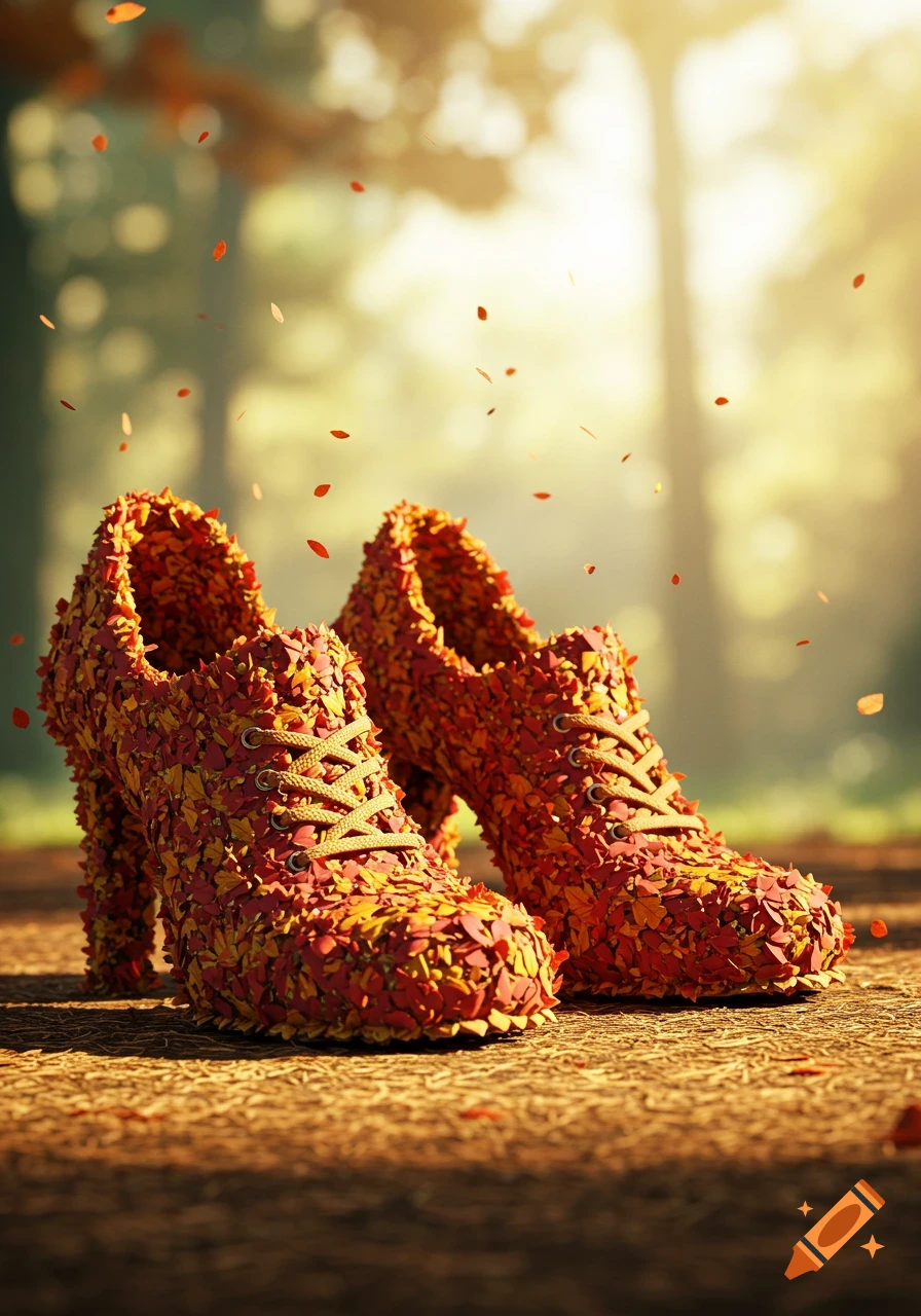 Two high-heeled shoes made of red and orange autumn leaves on a forest floor with falling leaves and sunlight.