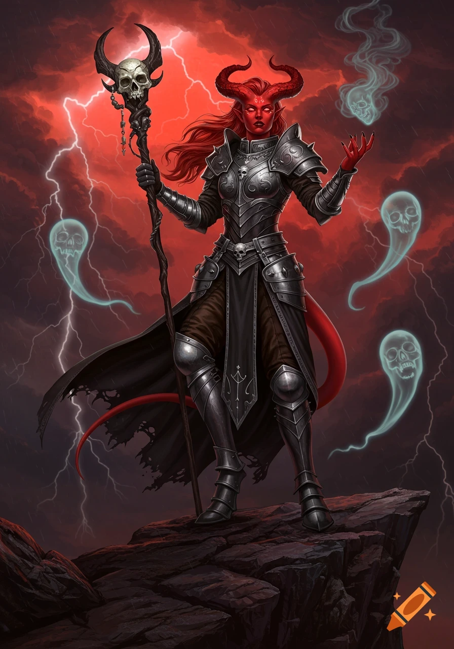 Red-skinned, horned tiefling cleric in dark armor, holding a skull staff, with ghostly figures and red lightning.