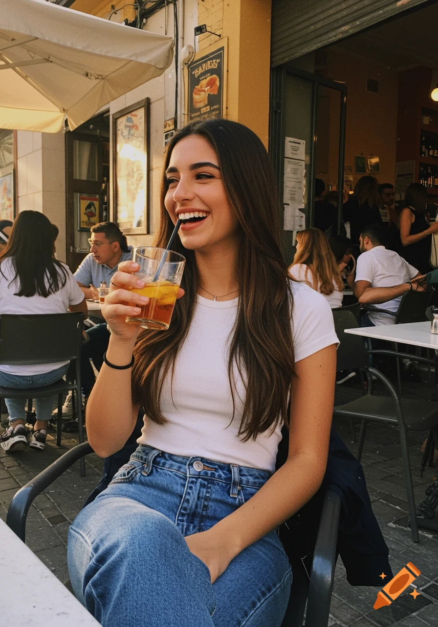 A smiling young woman with long brown hair, wearing a white tee and jeans, sits at an outdoor cafe, holding a drink.