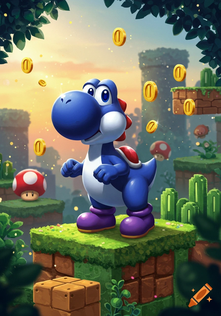 A dark blue Yoshi stands on a grassy block in a vibrant Super Mario Bros.-style landscape with floating golden coins.