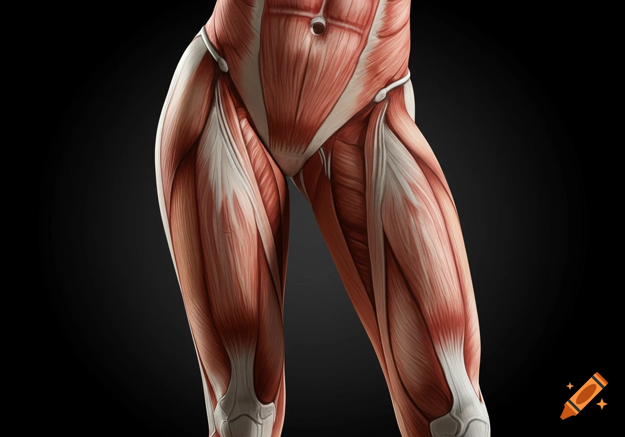 Detailed anatomical rendering of the human muscular system from the waist to the knees against a dark background.