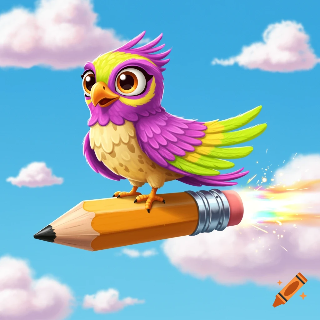 A vibrant, cartoon bird with purple, green, and yellow feathers rides a flying pencil through a blue sky with white clouds.