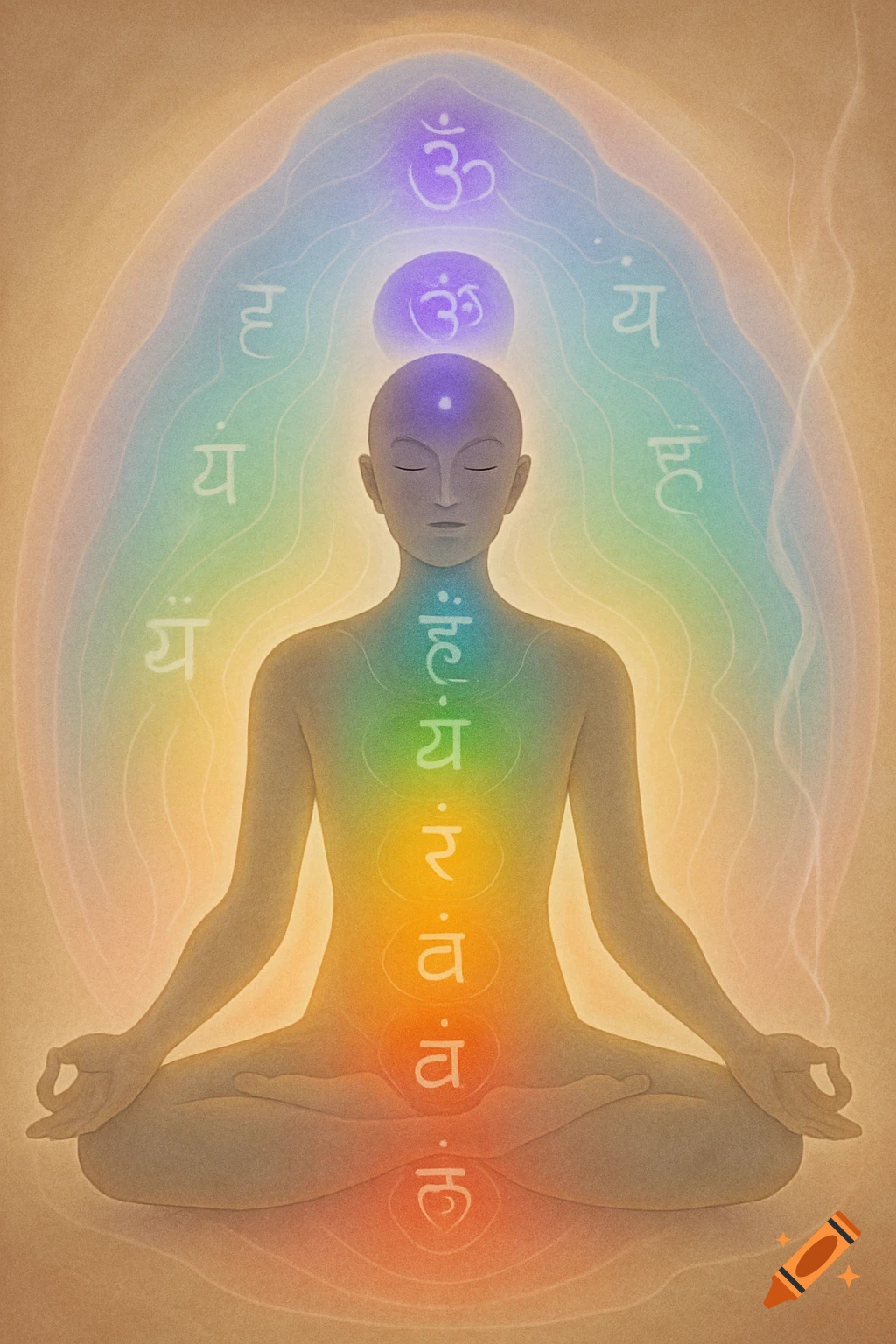 A person meditating in a lotus position, surrounded by a rainbow-colored aura and chakra symbols with text.