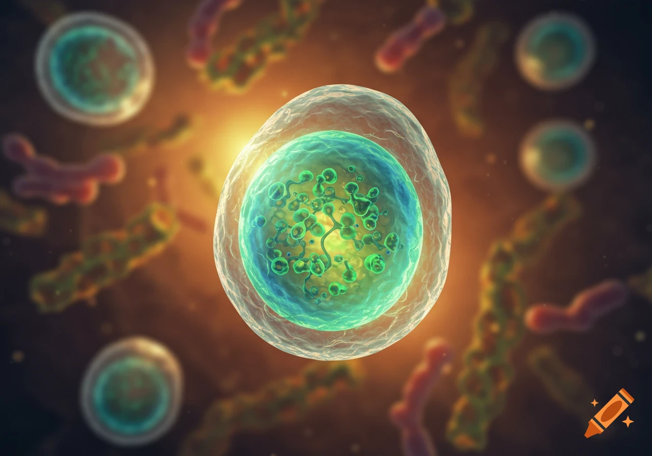 A detailed microscopic view of a translucent cell with green internal structures, surrounded by smaller colorful organisms on a dark, glowing background.
