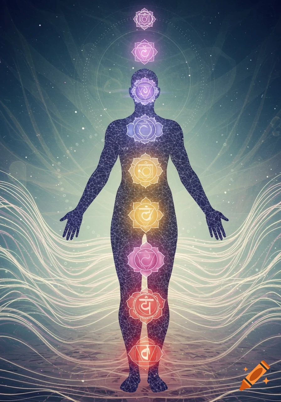 Stylized human silhouette with glowing, colorful chakra symbols aligned along the body, against a wavy, ethereal background.