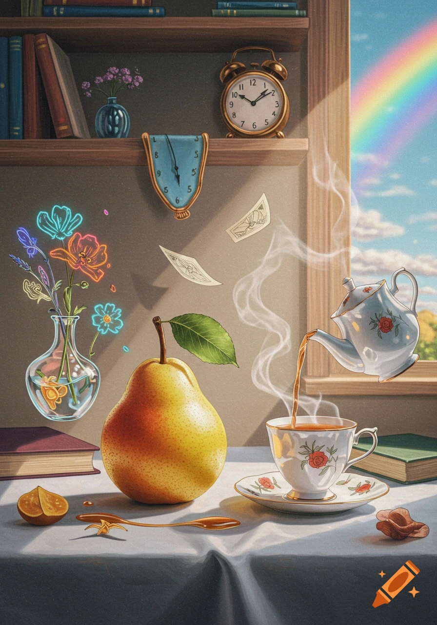 A vibrant, surreal still life with a pear, a teapot pouring tea into a cup, glowing neon flowers, books, clocks, and a rainbow outside.