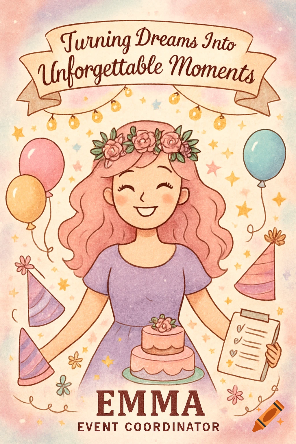 Cute cartoon poster of a smiling girl with pink hair, flower crown, cake, and party decorations. Text: "Turning Dreams Into Unforgettable Moments" and "Emma Event Coordinator".