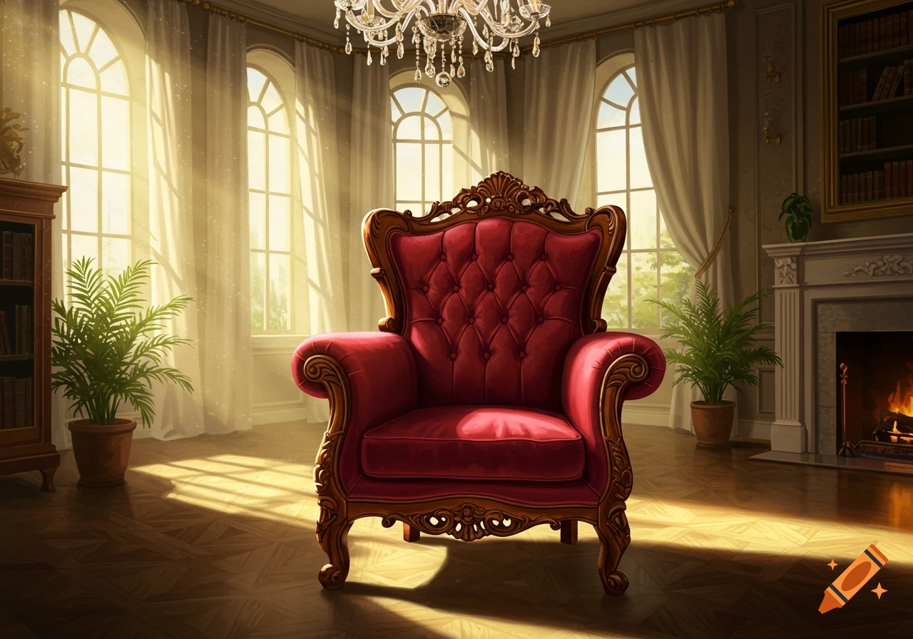 An ornate red armchair sits in a luxurious, sunlit room with large arched windows, a chandelier, and a fireplace.