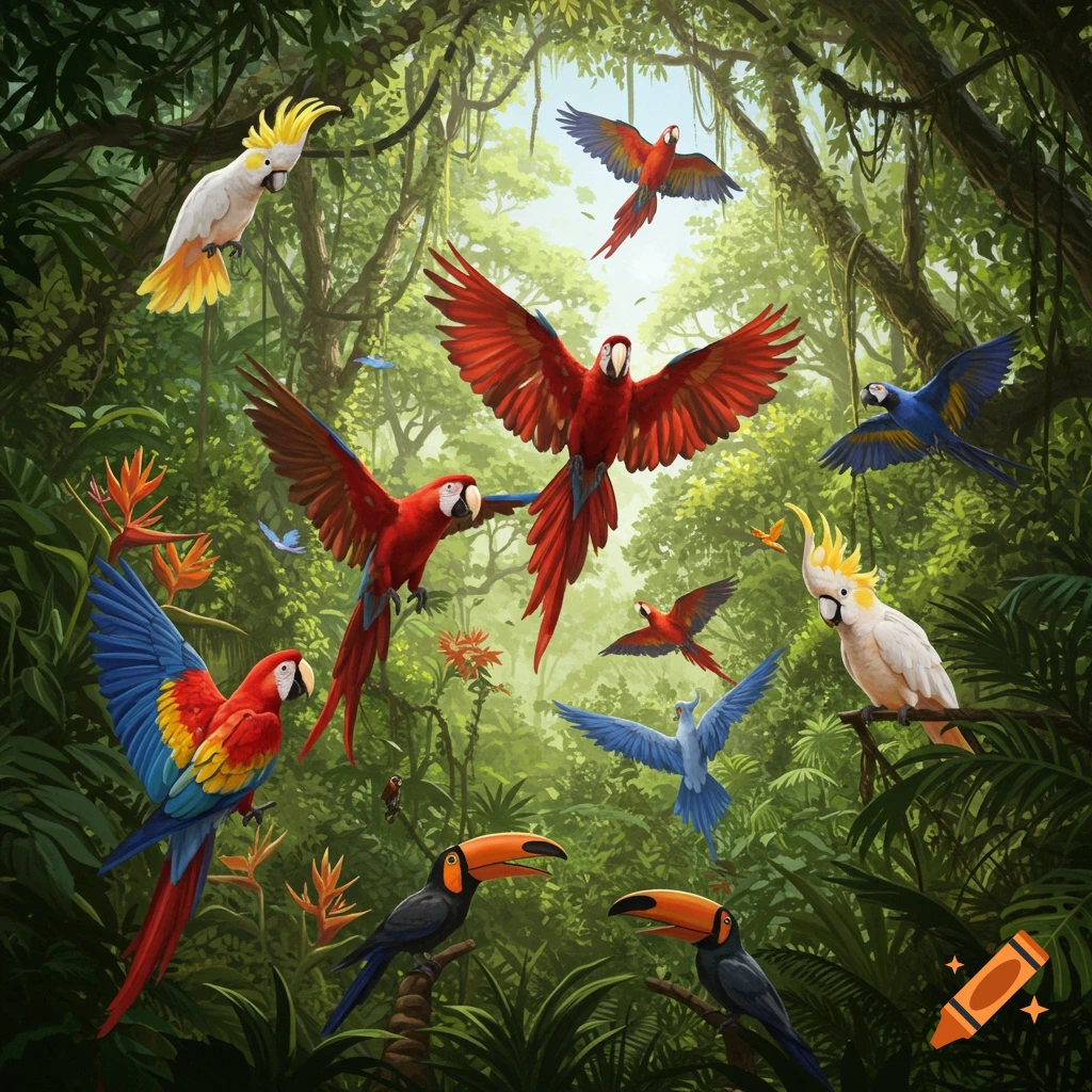 Many vibrant tropical birds, including red and blue macaws, a white cockatoo, and black toucans, in a lush green jungle.