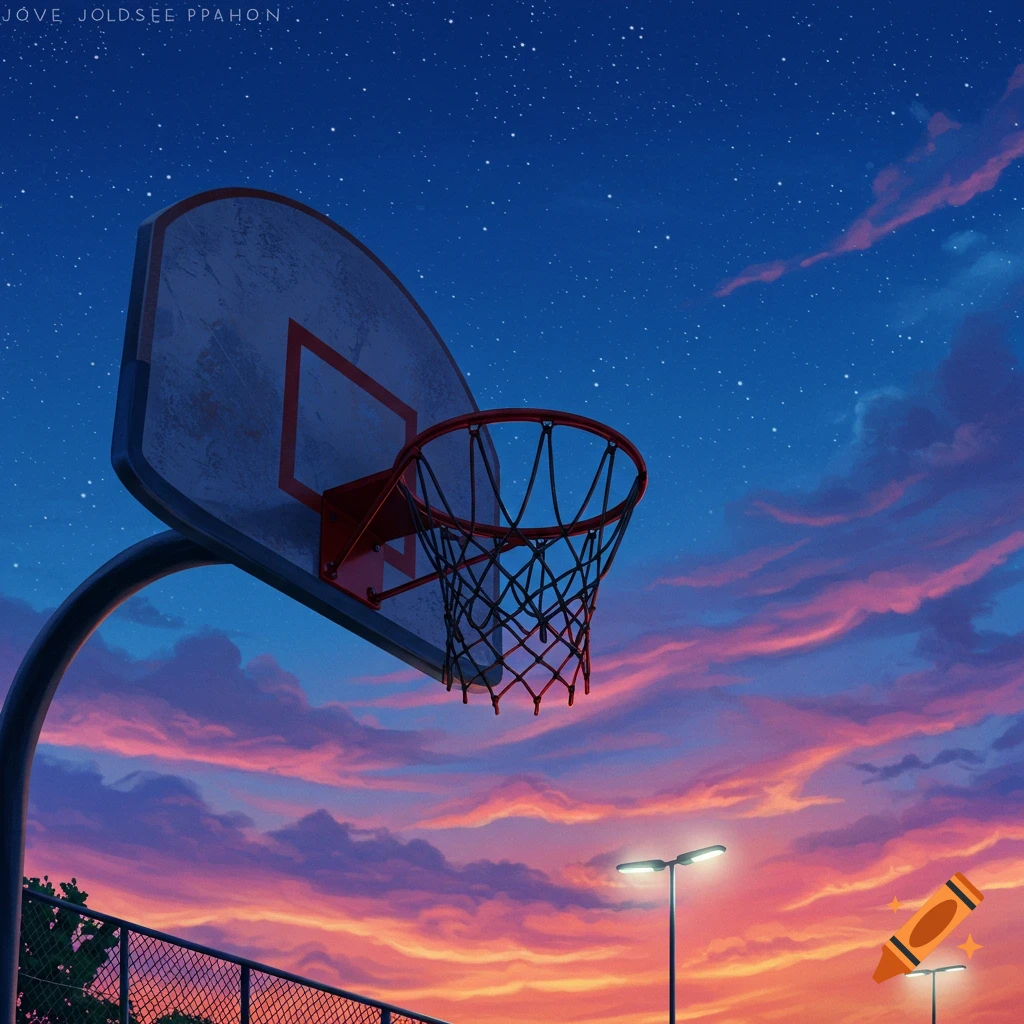 A basketball hoop stands against a vibrant pink and orange sunset sky with stars and streetlights in an artistic illustration.