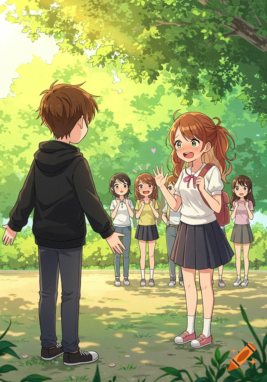 Anime-style boy and shy girl reuniting in a sunny park, with mutual friends watching in the background.