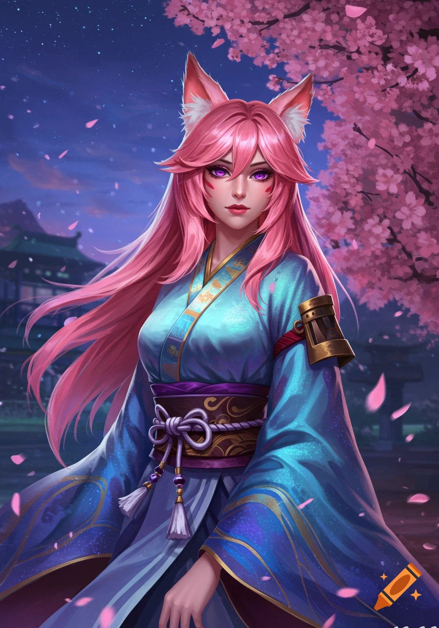 A pink-haired woman with fox ears and purple eyes, wearing a blue kimono, stands under a cherry blossom tree at dusk in an anime style.