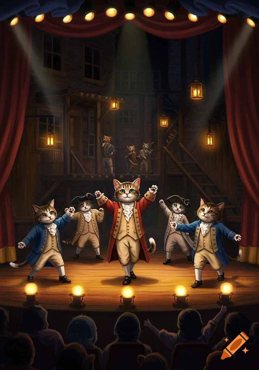 Anthropomorphic cats in historical costumes perform on a brightly lit stage to an audience.
