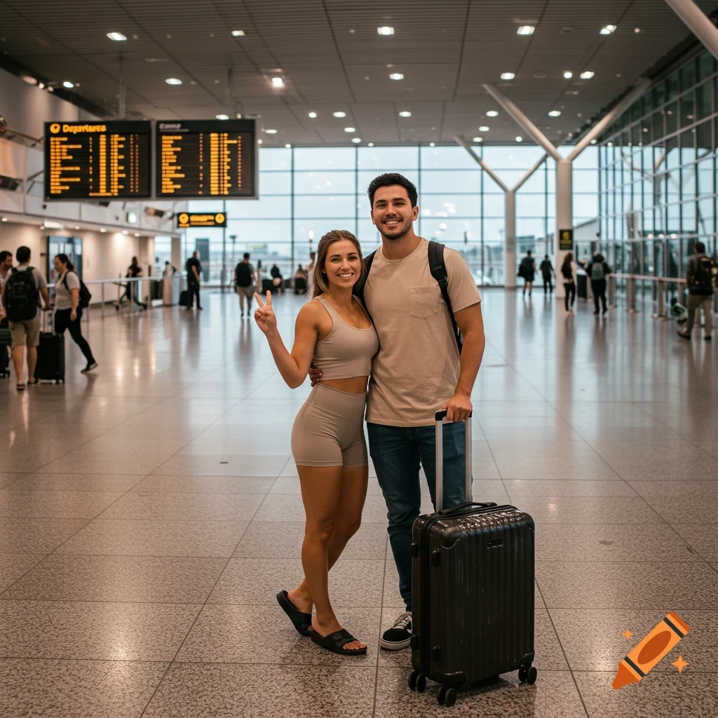 A happy young couple stands in an airport terminal with a suitcase, smiling at the camera.
