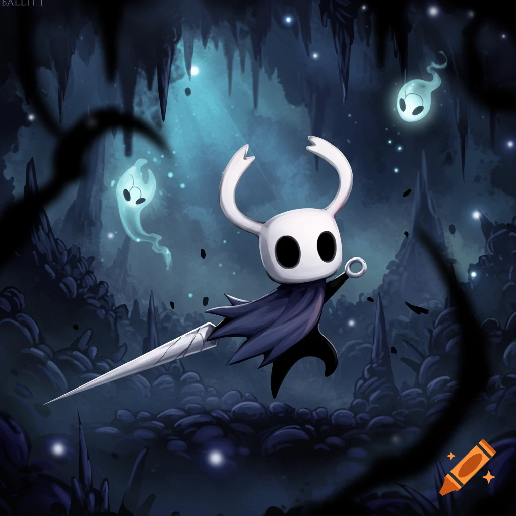 The Knight from Hollow Knight floats in a dark cave with glowing spirits, holding its nail weapon, in a digital art style.