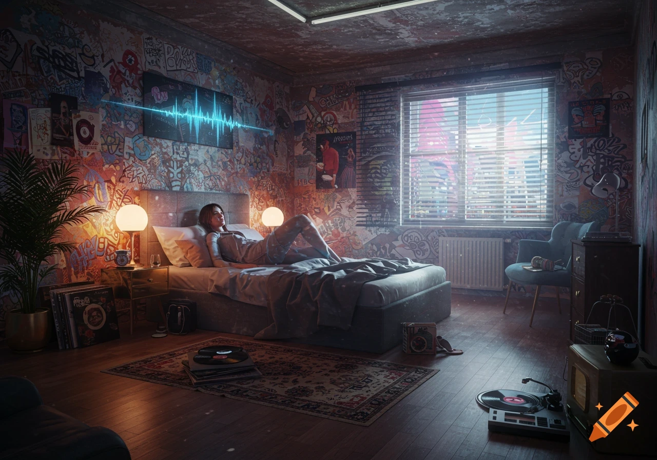 A woman lies on a bed in an urban-style bedroom with graffiti walls, a soundwave art piece, and vinyl records.
