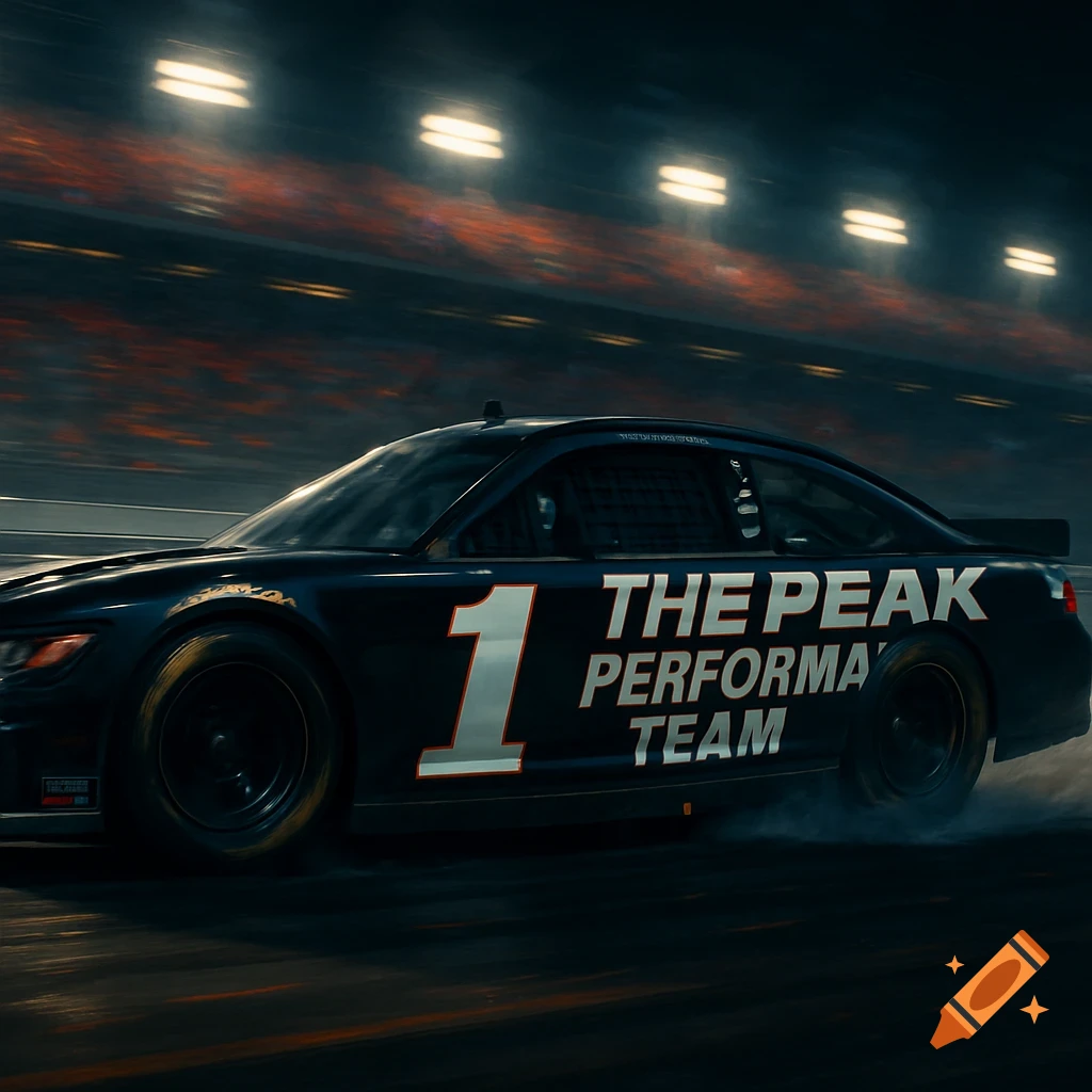 A dark blue race car with the number 1 and 'The Peak Performance Team' written on its side speeds on a track at night.