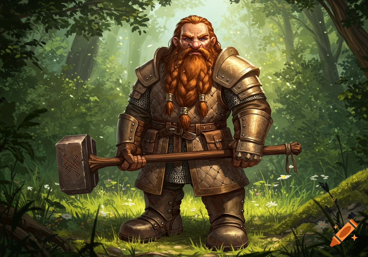 A stern-faced fantasy dwarf with a long braided red beard and intricate leather and metal armor stands in a sun-dappled forest, holding a large stone hammer.