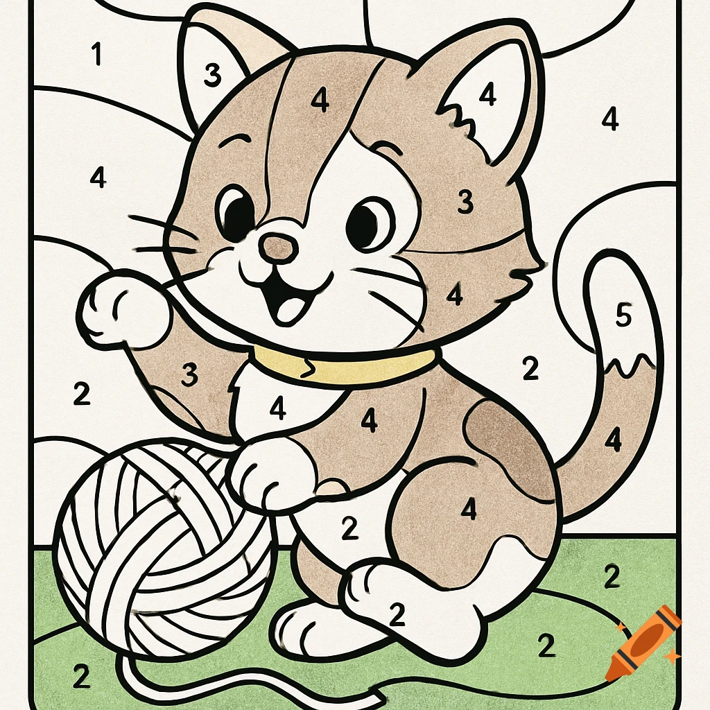 A black-and-white color-by-number illustration of a playful kitten with a ball of yarn, featuring numbers for coloring.
