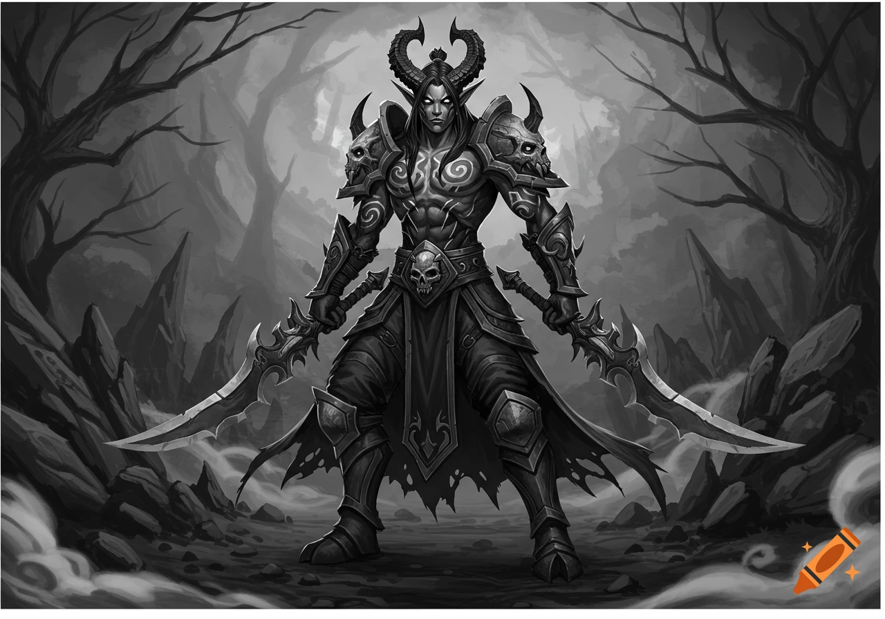 A muscular, horned demon hunter in ornate armor holds two swords in a dark, stylized black and white fantasy forest.