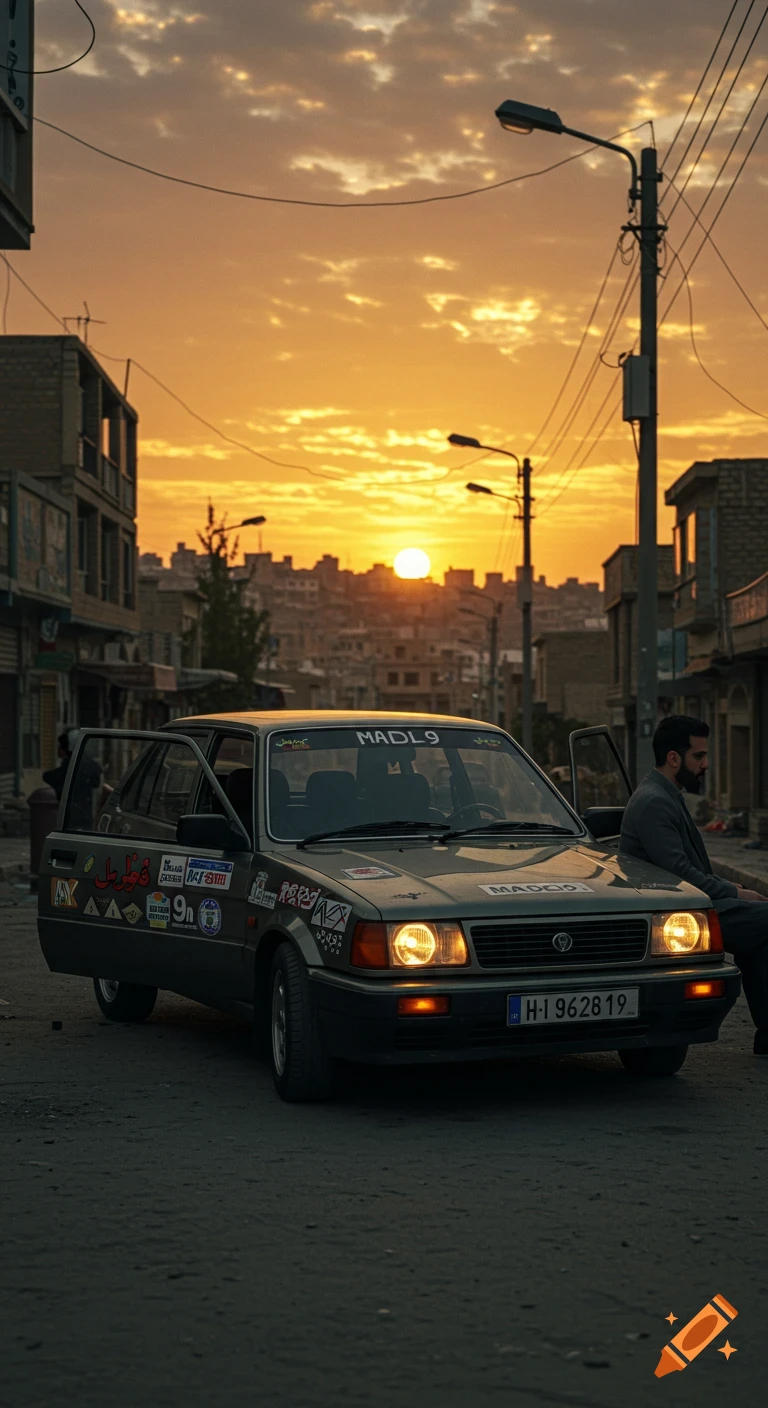 Photorealistic sunset scene in a city street, with a car parked with an open door and a man sitting beside it. City skyline in the background.
