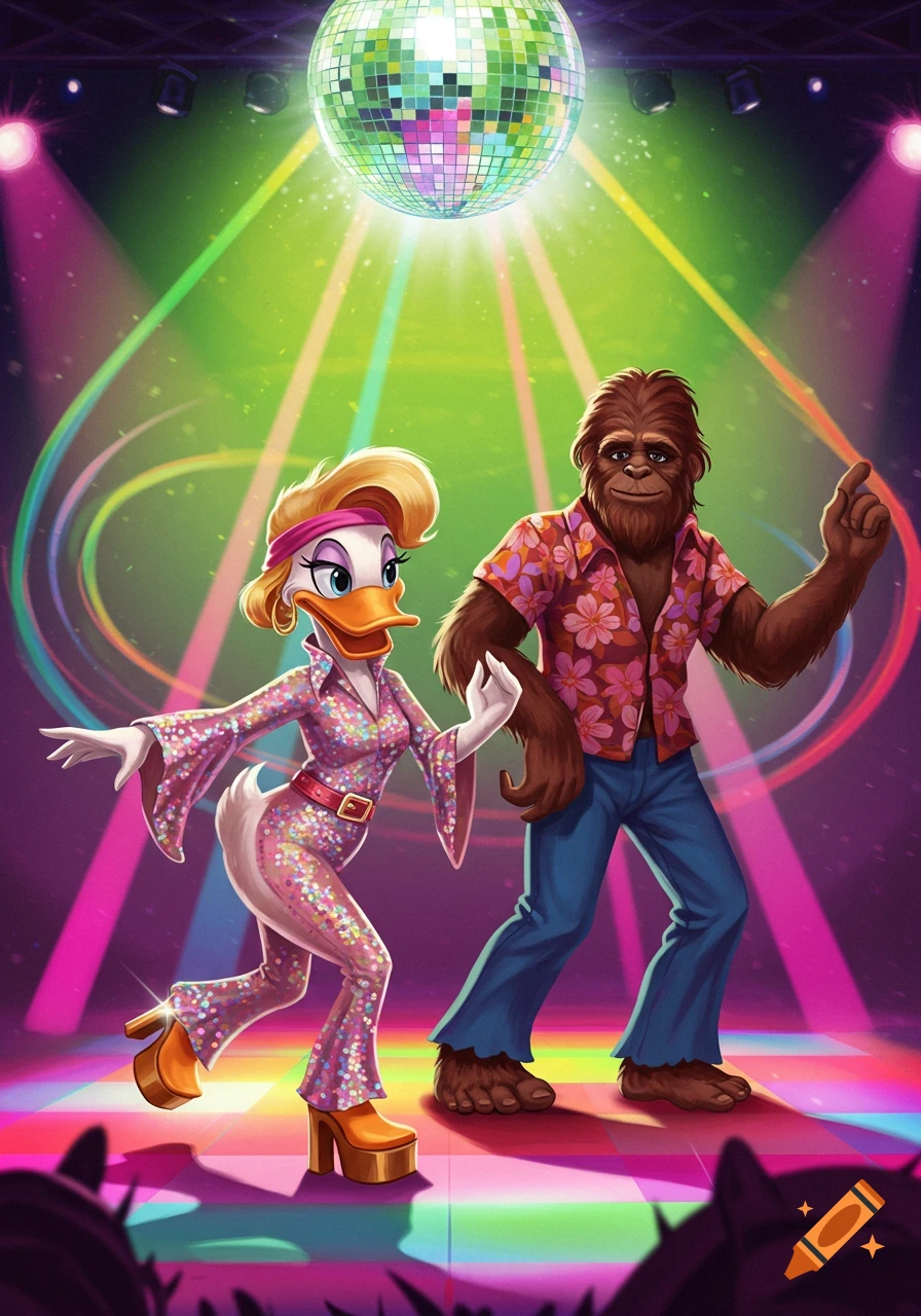 A cartoon female duck in a glittery pink disco jumpsuit and a Sasquatch in a floral shirt dance under a disco ball.