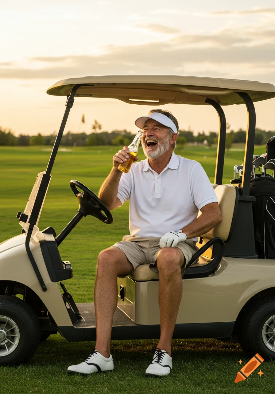 An aging, laughing man in a golf cart on a course at sunset, drinking a beer.
