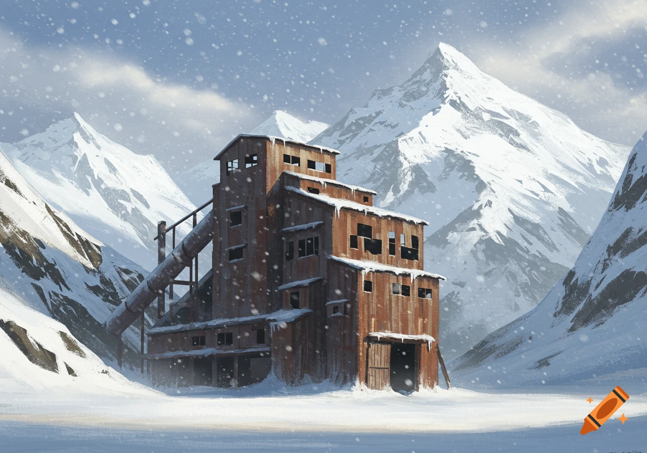 Digital painting of a rusty, abandoned factory covered in snow in a vast, snowy mountain landscape under a cloudy sky.