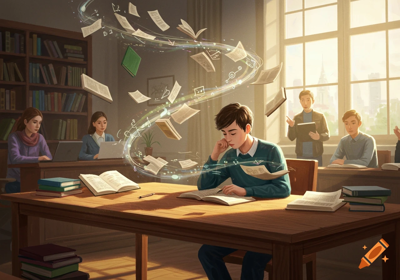 Students study in a sunlit library, with books and information swirling magically around a focused young man at a large wooden table.
