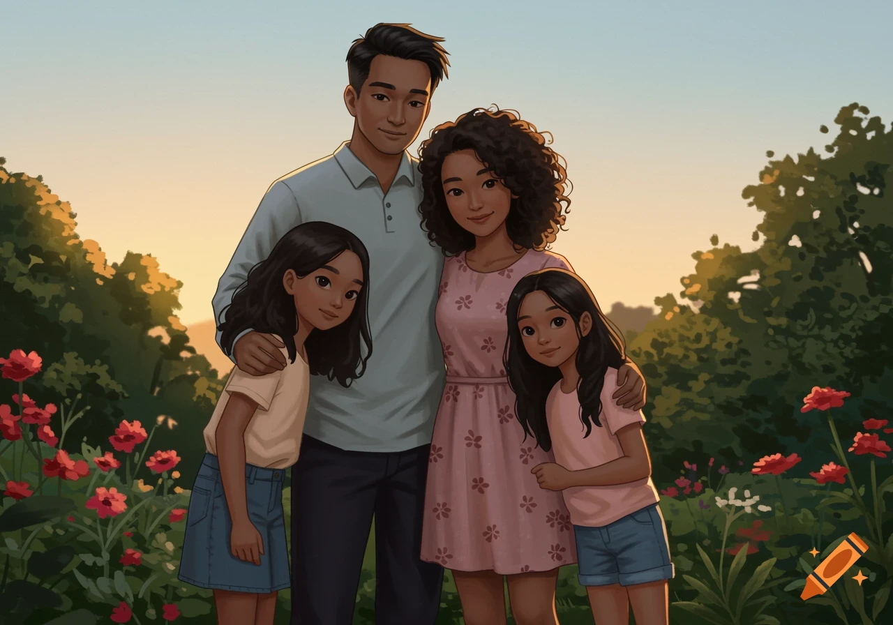 Cartoon illustration of an Asian family of four (dad, mom, two daughters) posing happily in a sunny garden at sunset.