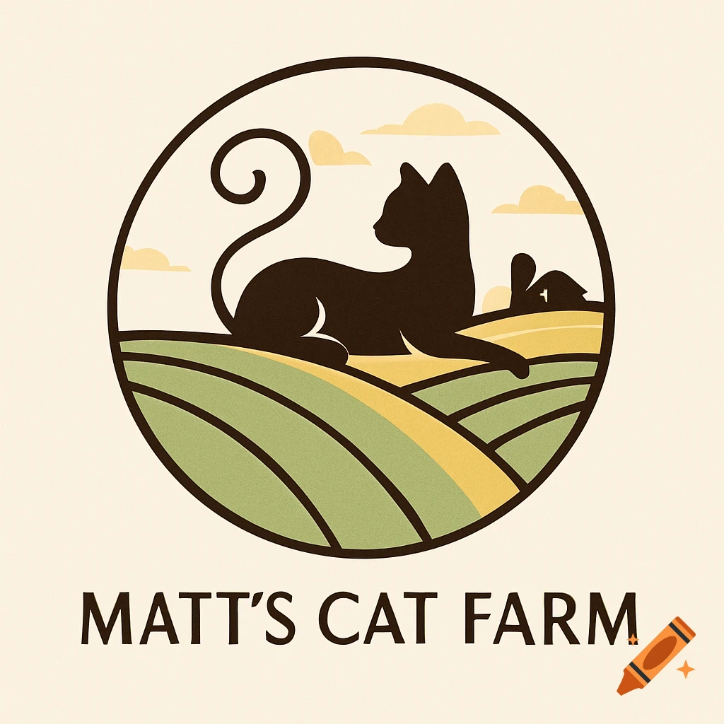 A circular logo features a black cat silhouette resting on a green and yellow field under a light sky with clouds. Below, the text reads 'MATT'S CAT FARM'. Stylized illustration.
