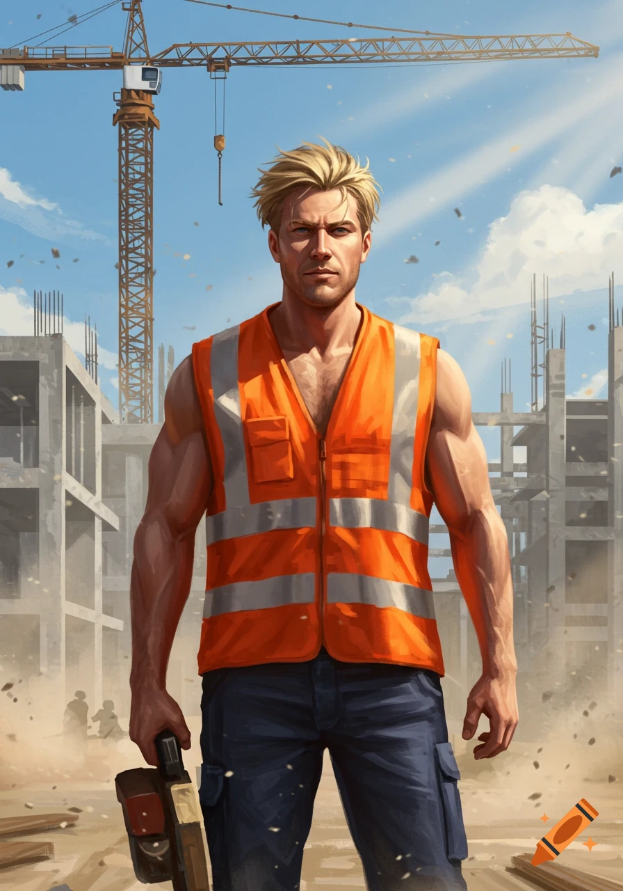 Stylized illustration of a muscular blonde man in an orange safety vest at a construction site with a crane.