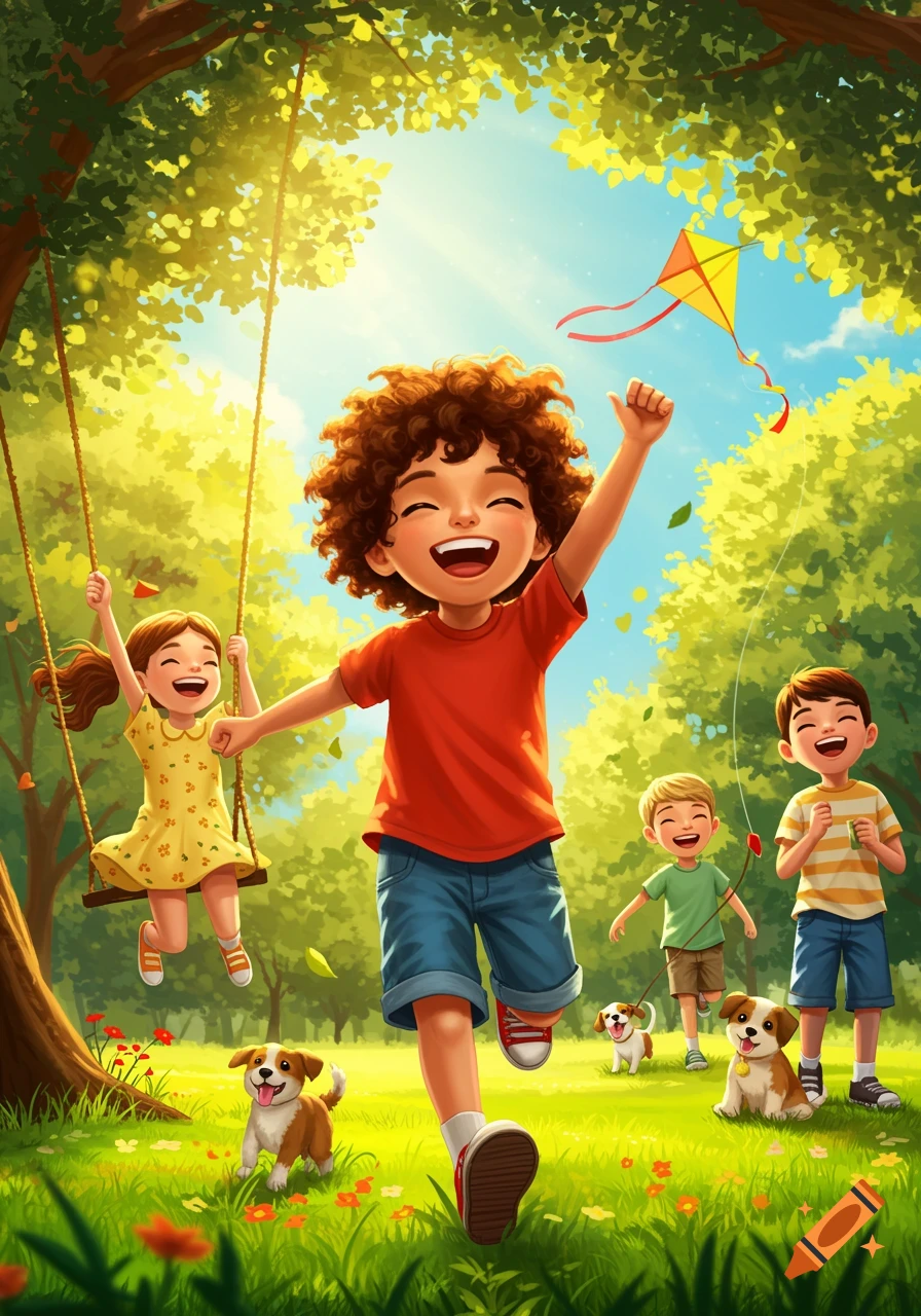 Happy cartoon children playing with puppies in a sunny park. A boy runs, a girl swings, and a kite flies in the sky.