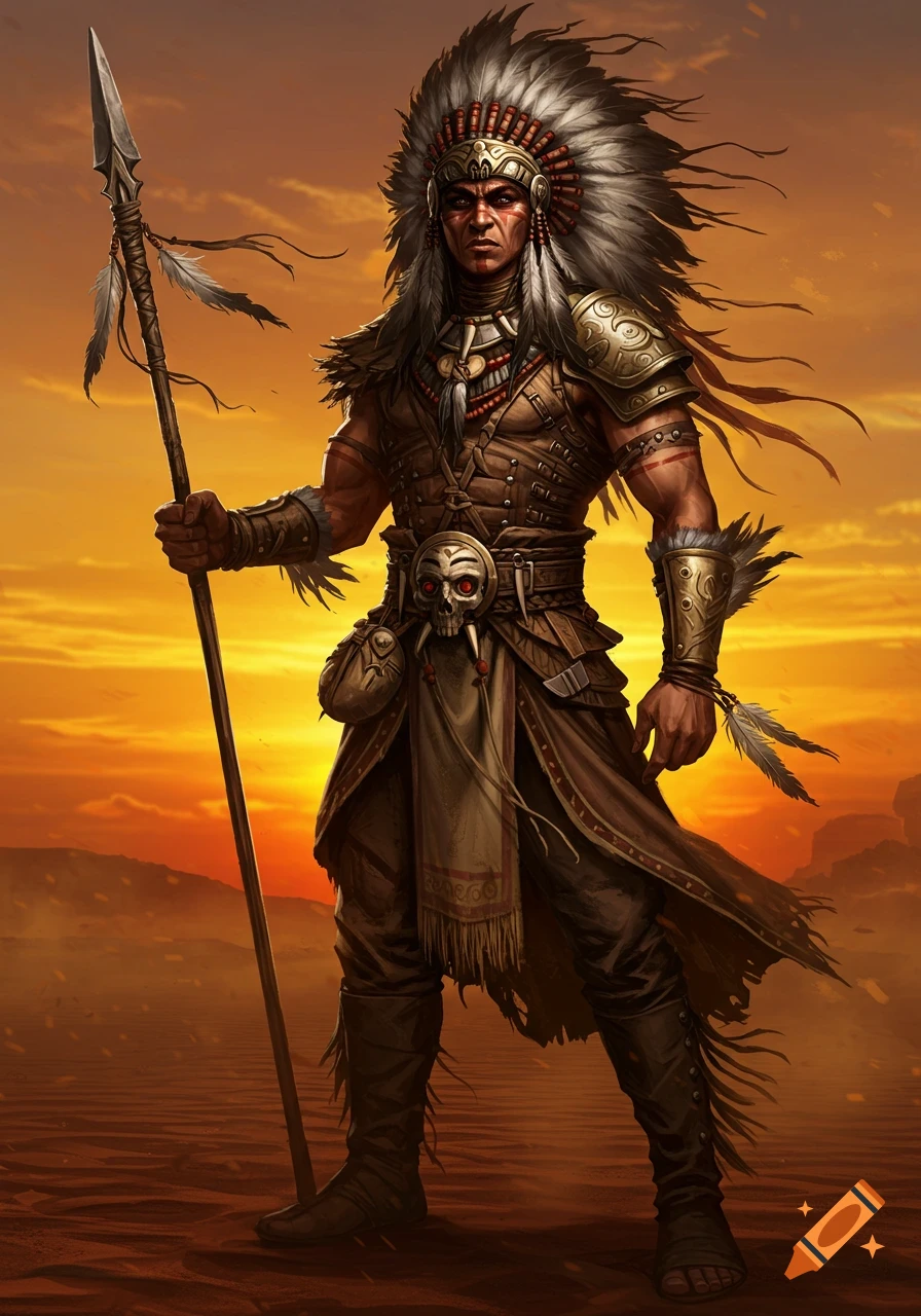 A powerful war chief in a feathered headdress and leather armor holds a spear against a desert sunset, digital art.