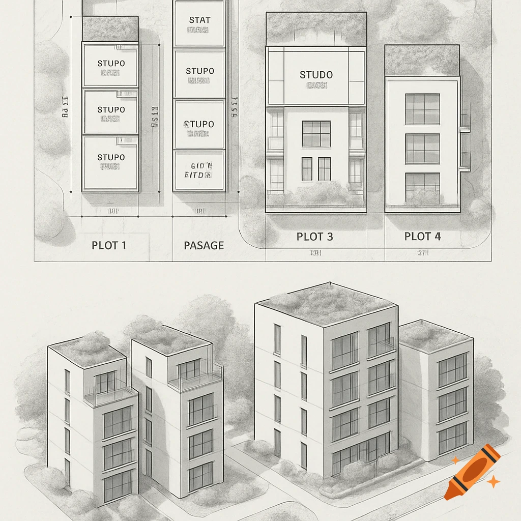 Architectural sketch depicting a 2D site plan and 3D perspective of a multi-storey apartment complex with roof gardens, showing Plots 1-4 and a passage.