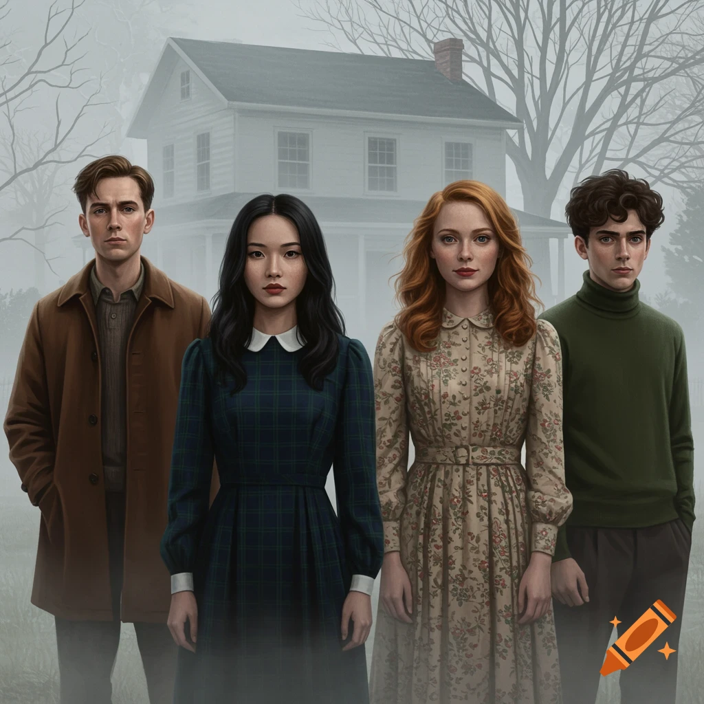 Four young adults in vintage attire stand in front of a misty white house and bare trees, in a cinematic, realistic style.