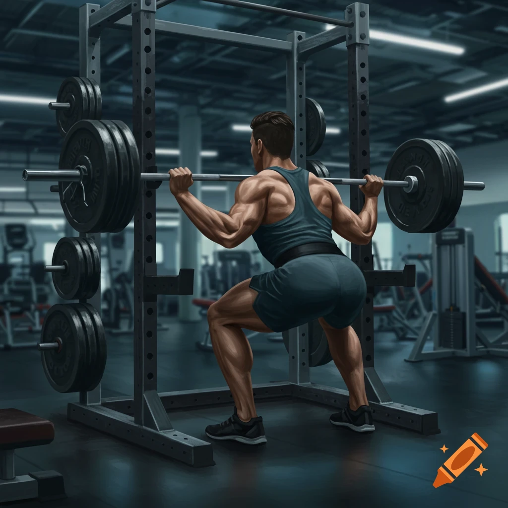 A muscular person from behind, wearing a tank top and shorts, performing a squat with a barbell at a squat rack in a modern gym. Stylized illustration.