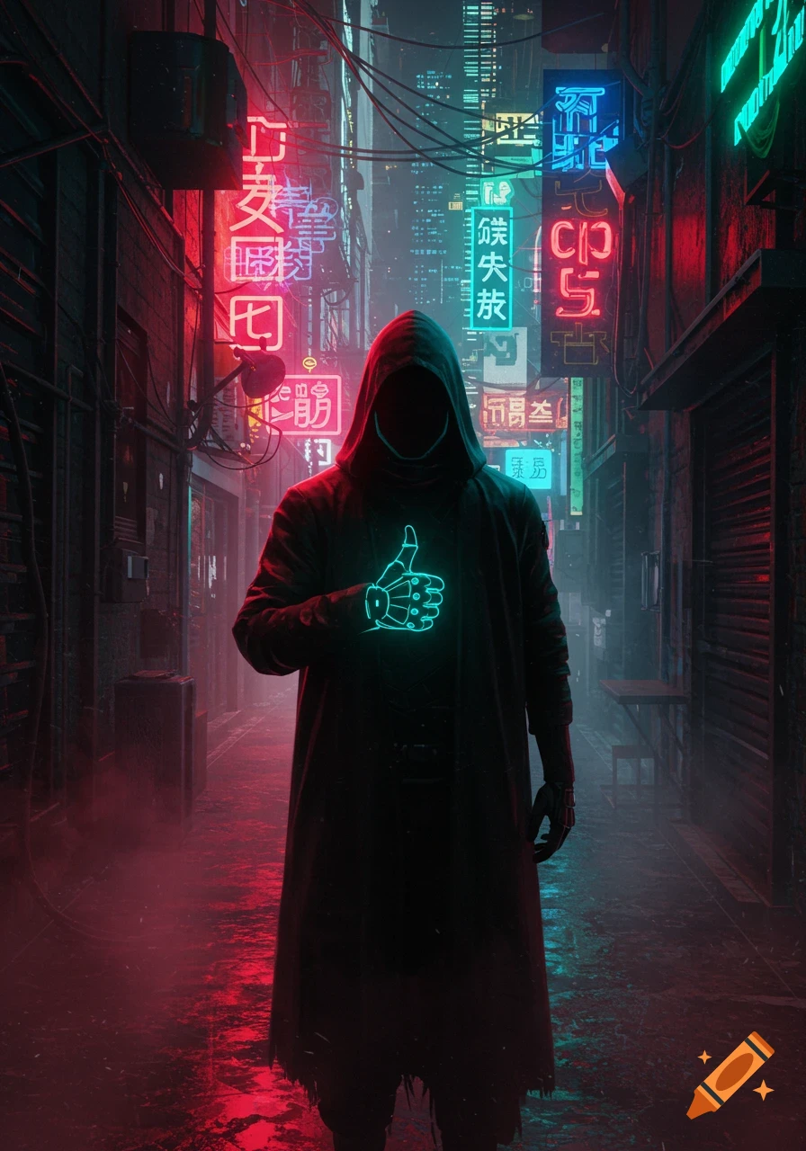 A hooded figure with a glowing cybernetic thumbs-up stands in a dark, neon-lit cyberpunk alley.