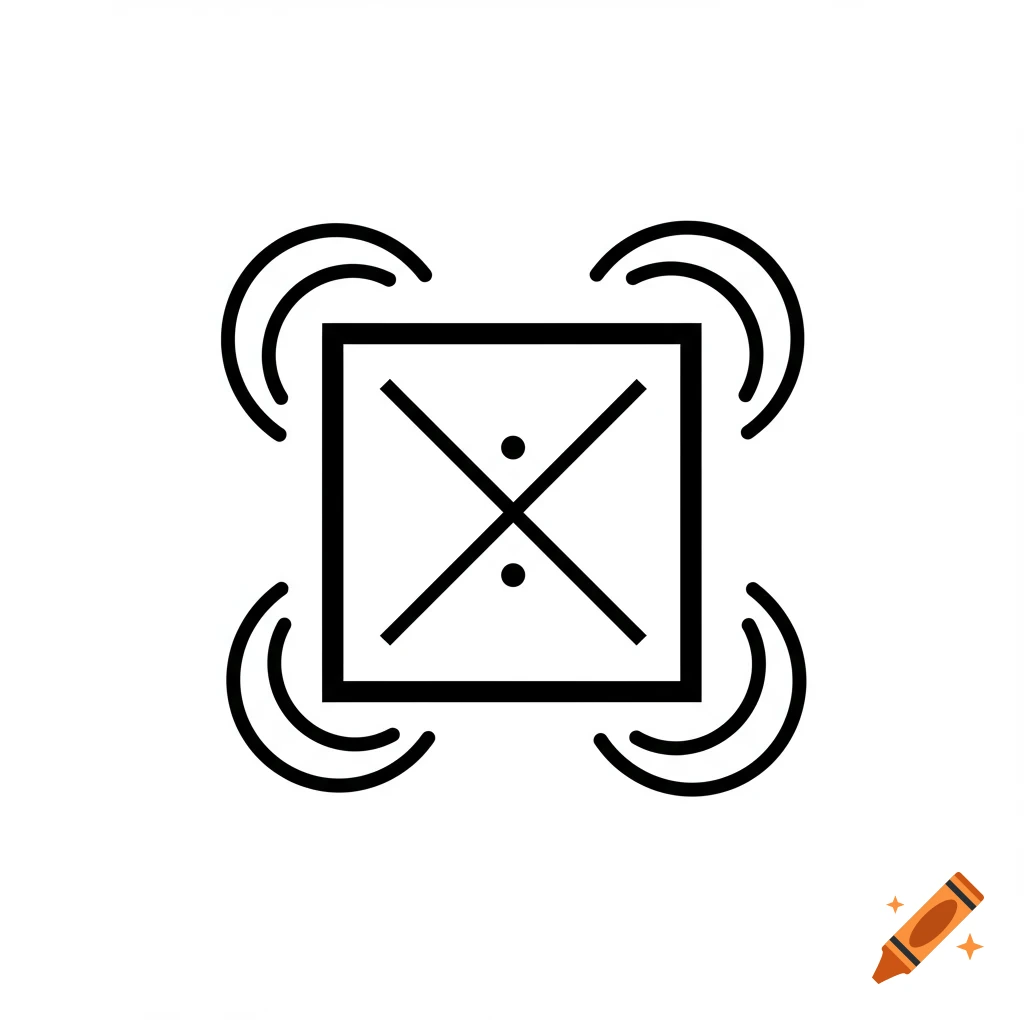 A bold black and white geometric symbol featuring a central square with a diagonal 'X' and two dots, surrounded by four outward-curving arcs at each corner.