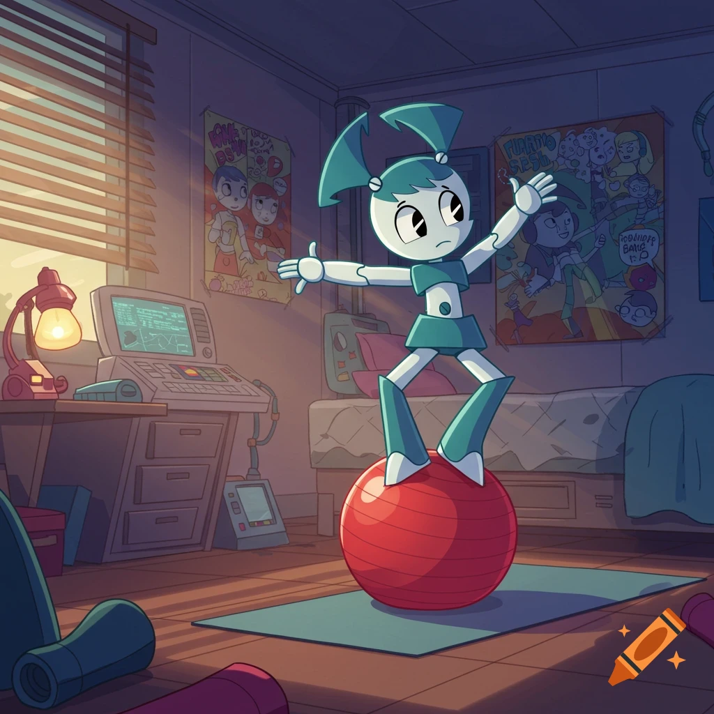 Jenny Wakeman, a cartoon robot girl, balances on a red exercise ball on a blue yoga mat in a bedroom.