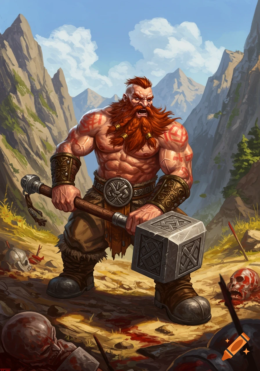 Muscular, red-bearded dwarf barbarian with tribal tattoos stands on a bloodied battlefield, wielding a large maul in a mountain landscape.